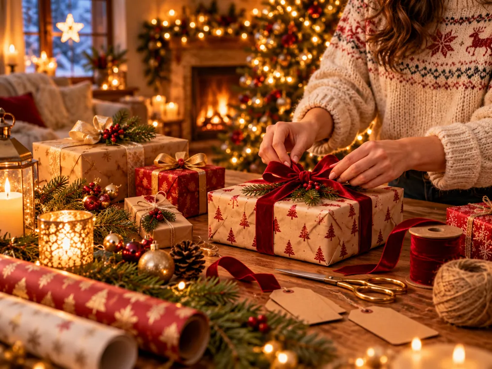 Sfeerillustratie bij kerstcadeaus inpakken