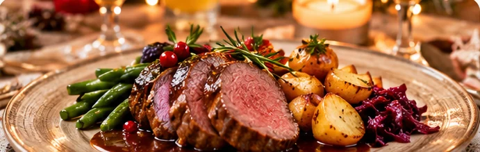 Feestelijk gedekte kersttafel met borden en kerstdecoratie
