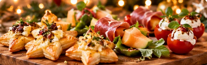 Kleine kersthapjes op een serveerplank voor een feestelijke borrel
