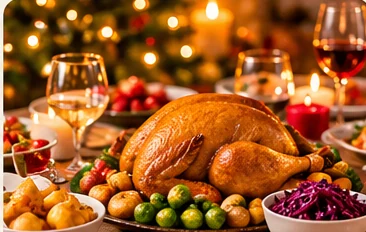 Feestelijk kerstdiner met kalkoen en gerechten op tafel