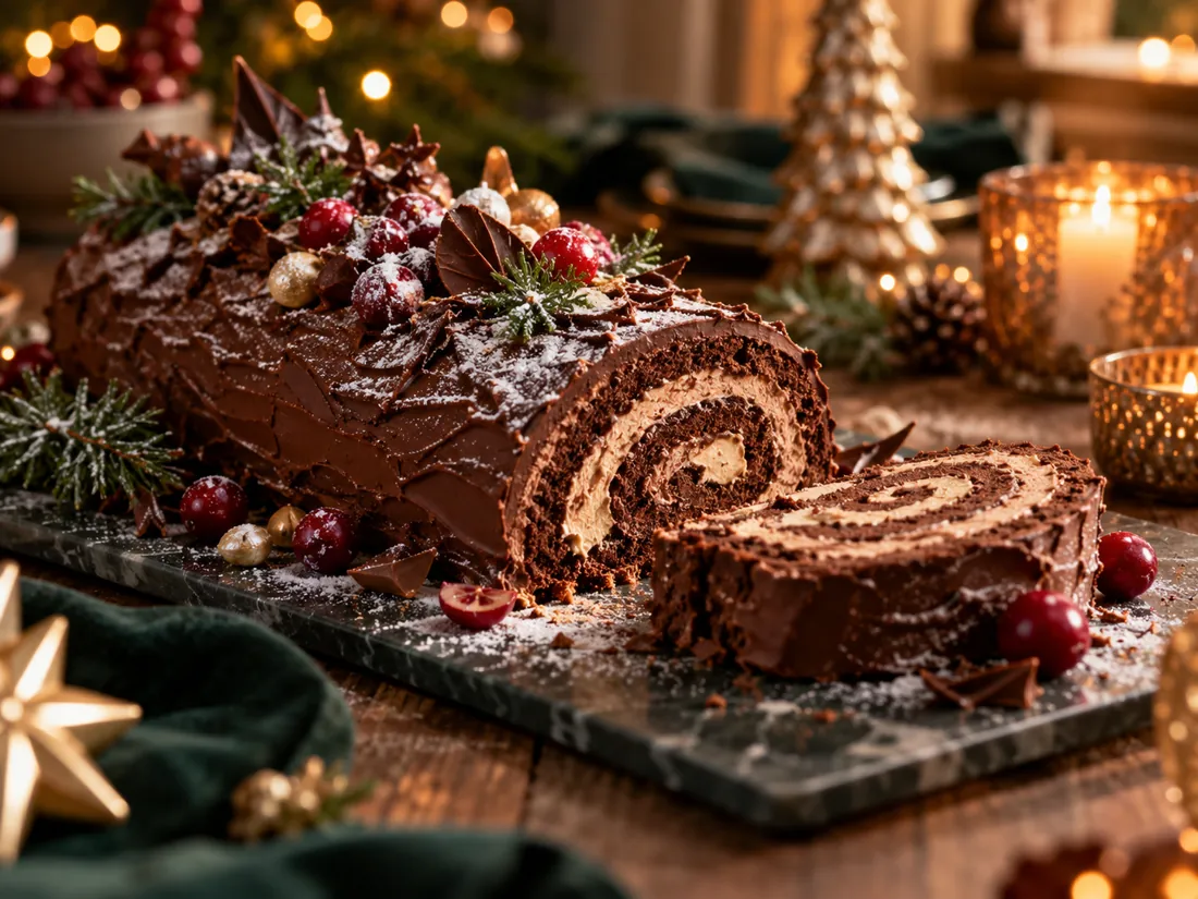 Chocolade kerststronk met romige vulling en kerstdecoratie