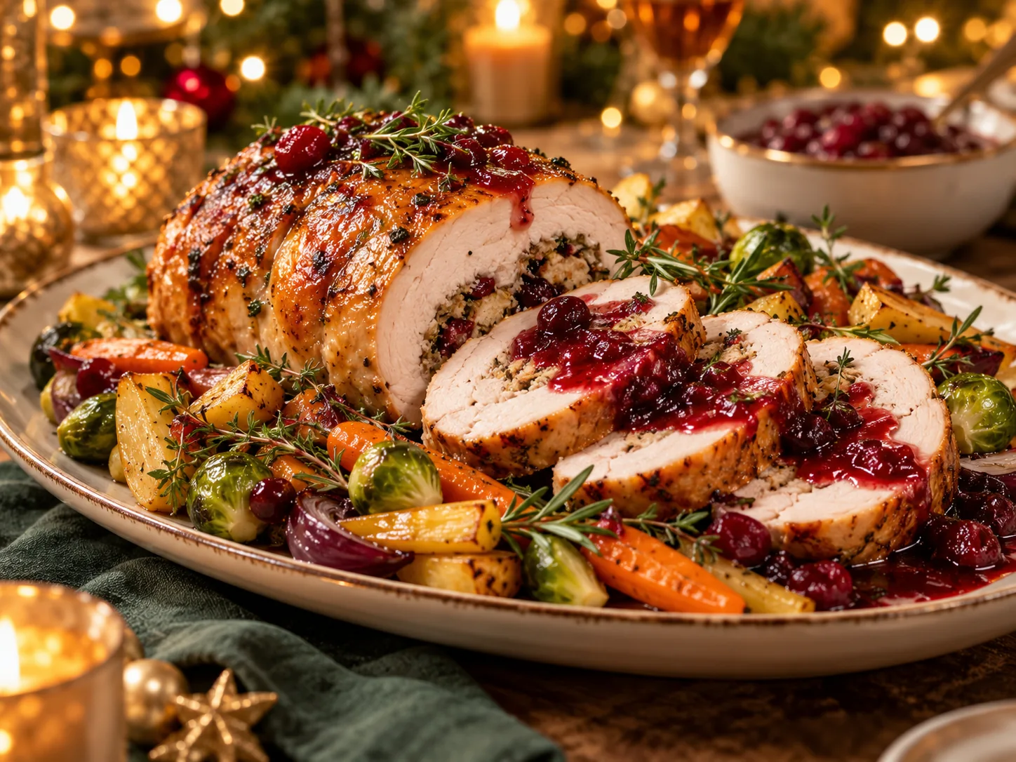 Kalkoenrollade met cranberrysaus en geroosterde groenten