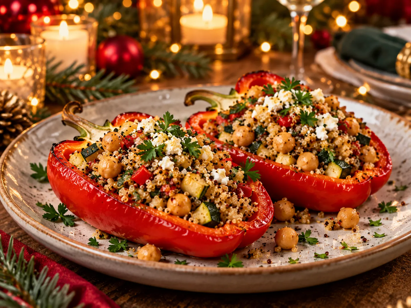 Gevulde rode paprika met quinoa, kikkererwten en groenten