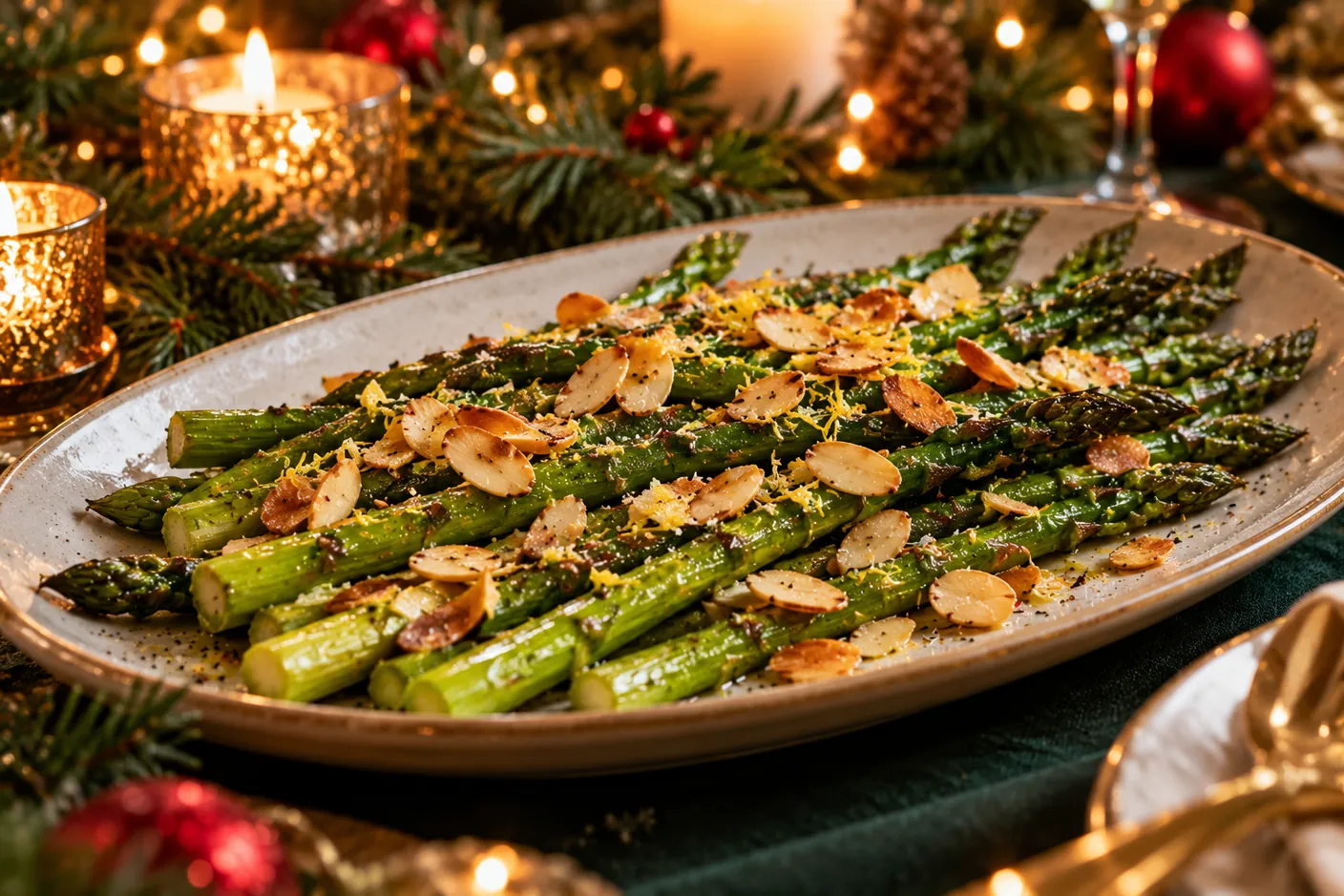 Groene asperges met geroosterde amandelen op een feestelijke schaal