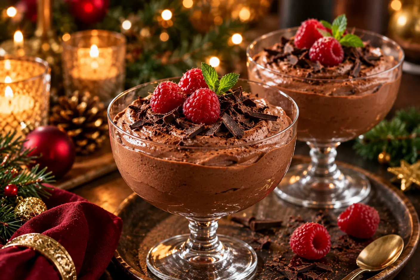 Vegan chocolademousse in glazen met frambozen en pure chocoladeschaafsel