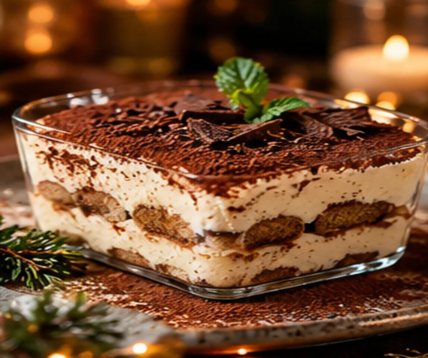 Tiramisu in een glazen schaal met cacaopoeder