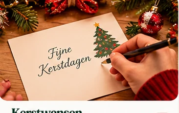 Kerstkaart op tafel met decoratie en warme kerstsfeer